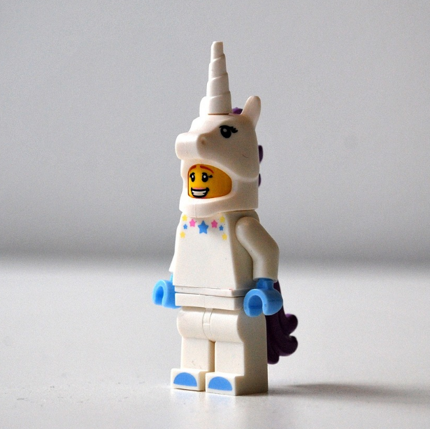 unicorn lego man, describe the keywords used to describe