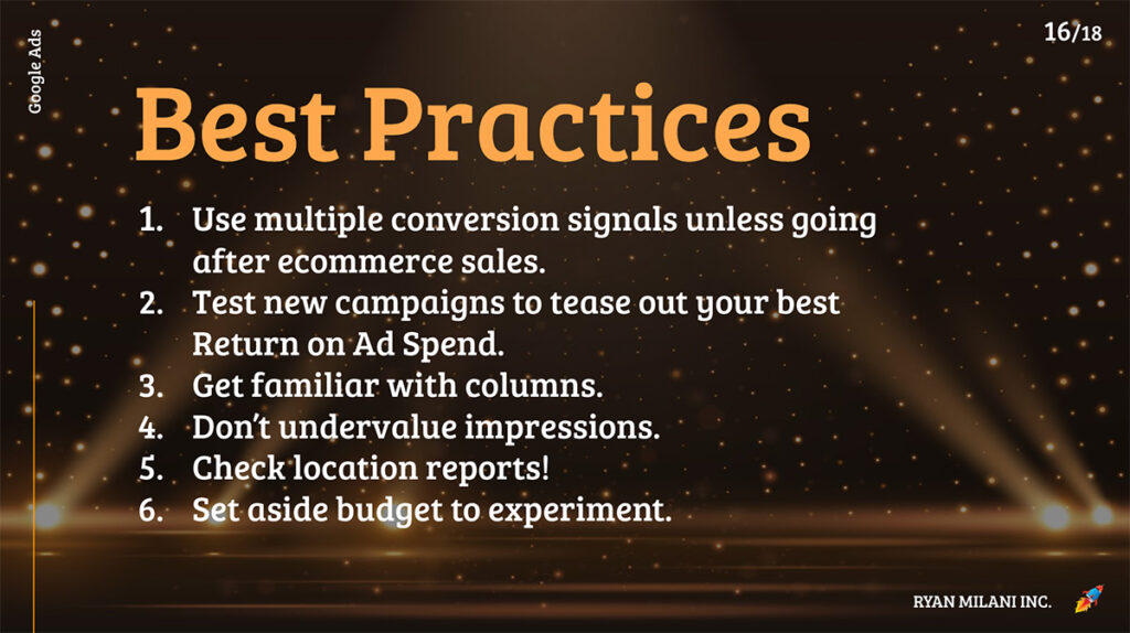 A "Best Practices" slide from a recent presentation I gave on the topic of using Google Ads Performance Max to increase ecommerce sales. The best practed on this slide are also listed below in the text. 