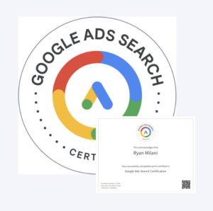 Google Ads Search Certification logo with a certificate for Ryan Milani, awarded December 20, 2023; includes QR code.