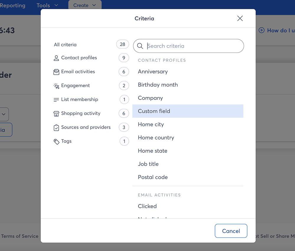 screenshot showing where to select the custom field for segment logic.