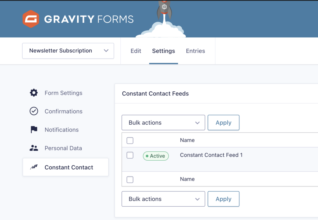 This image showcases the Gravity Forms integration with Constant Contact, specifically within the form's settings where the Constant Contact feed is managed