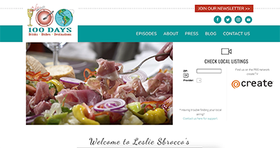 Close-up of prosciutto salad on the “100 Days Drinks, Dishes & Destinations” site with modern UI and TV listing options.