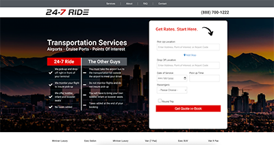 24-7 Ride website screenshot with city skyline, service comparison, and booking form for ride quotes on the right.