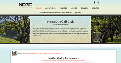 Napa Disc Golf Club homepage demo with modern design, wooded background, navigation, club intro, and featured tournament/apparel note.