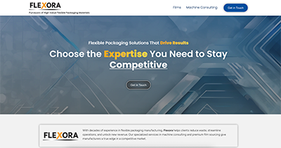 FLEXORA homepage with “Choose the Expertise You Need,” blue background, menu, and “Get in Touch” button for web services.