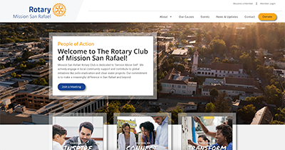 Rotary Club of Mission San Rafael site screenshot featuring banner, logo, navigation, and "Join a Meeting" call to action.