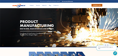 SameSource homepage with machine cutting metal, sparks, “End-to-End Manufacturing” text, chat window, and navigation bar.