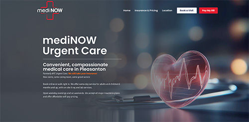 Screenshot of mediNOW Urgent Care homepage with logo, menu, care highlights, heart graphic, and stethoscope in background.