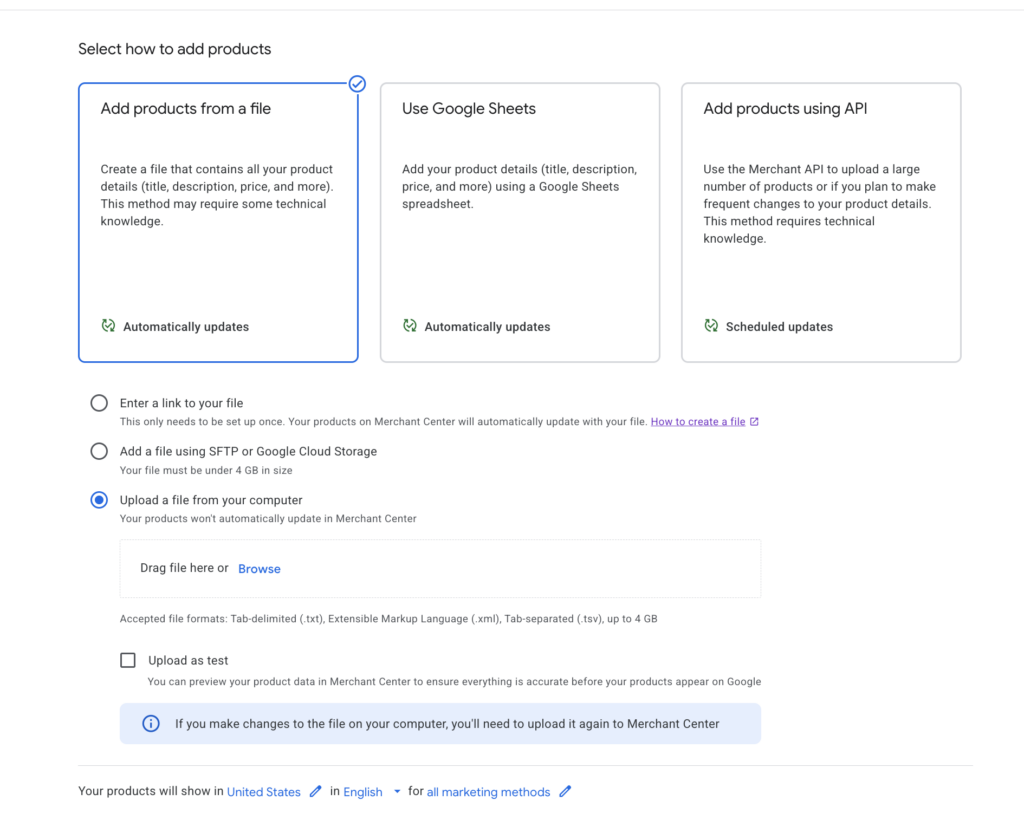 Google Merchant Center screenshot showing three product upload methods: file, Google Sheets, API, with upload and test options.