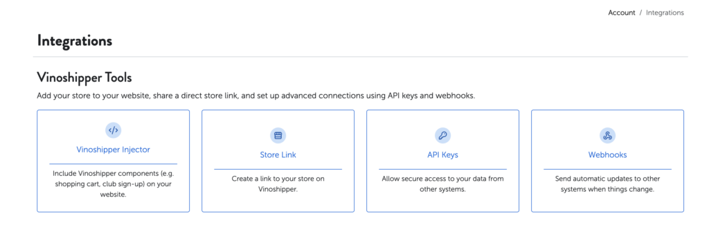 Vinoshipper Tools integration page with four blue-icon options: Injector, Store Link, API Keys, and Webhooks for platform syncing.